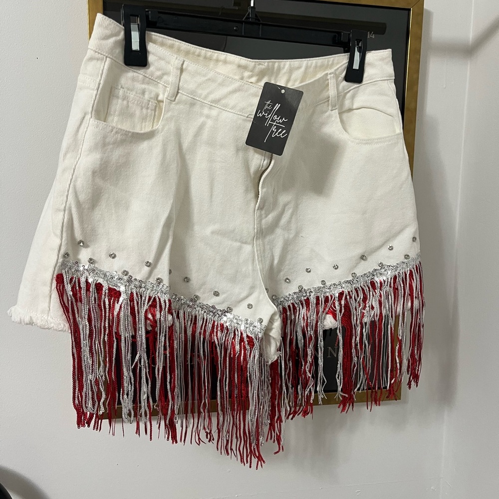 Peach Love California White Jean Shorts with Red Fringe